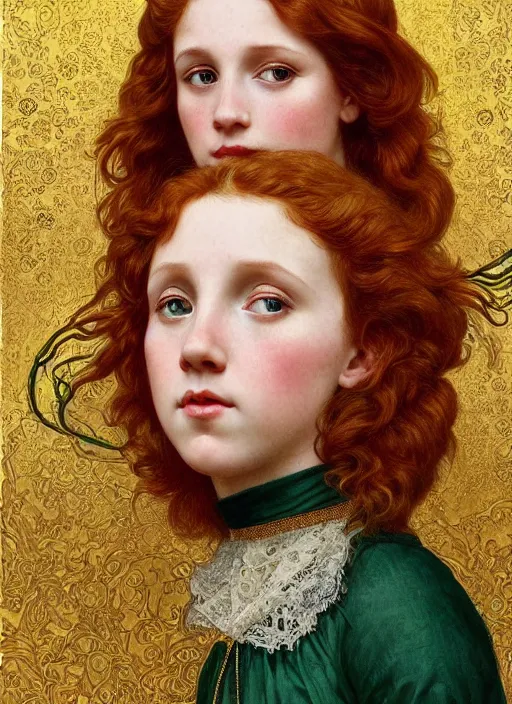 Prompt: intricate art nouveau portrait oil painting of redheaded young millie bobby brown with long hair blowing in the wind, wearing an intricate green lace dress, highly detailed, intricate golden symmetric pattern background, elegant, digital painting, smooth, sharp focus, illustration, ultra realistic, 8 k, by bouguereau, alphonse mucha, artgerm, and donato giancola