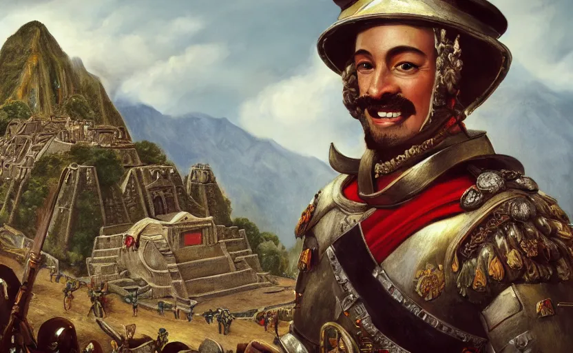 Prompt: smile spanish conquer soldier francisco pizarro on a inca temple, portrait, wide view, high detailed, full perfect, high detail, digital painting, octane rendered, 4 k, trending on artstation