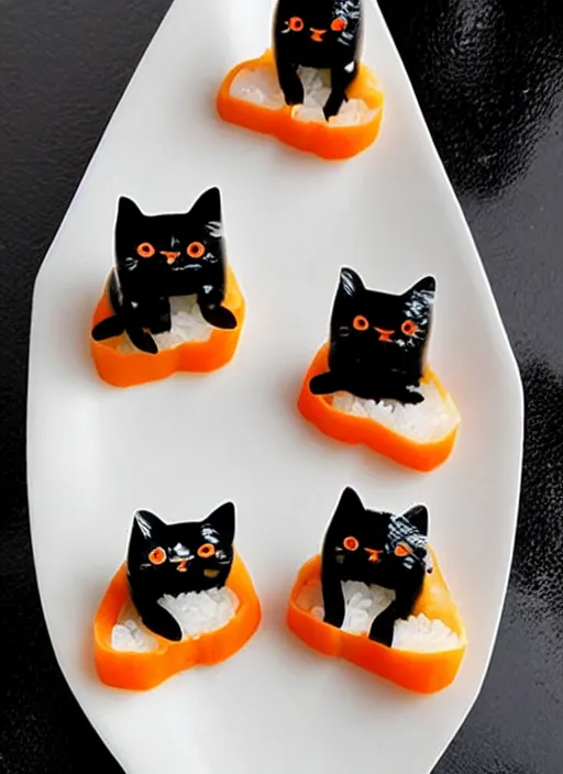 Image similar to clear surrealist painting of adorable cats made from sushi rice, sitting on sushi plates with garnish