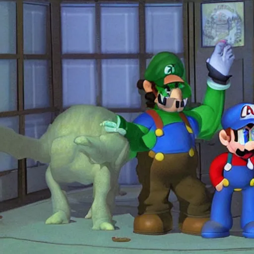 Image similar to a still of from the movie the thing ( 1 9 8 2 ) crossover with the game mario and luigi : partners in time