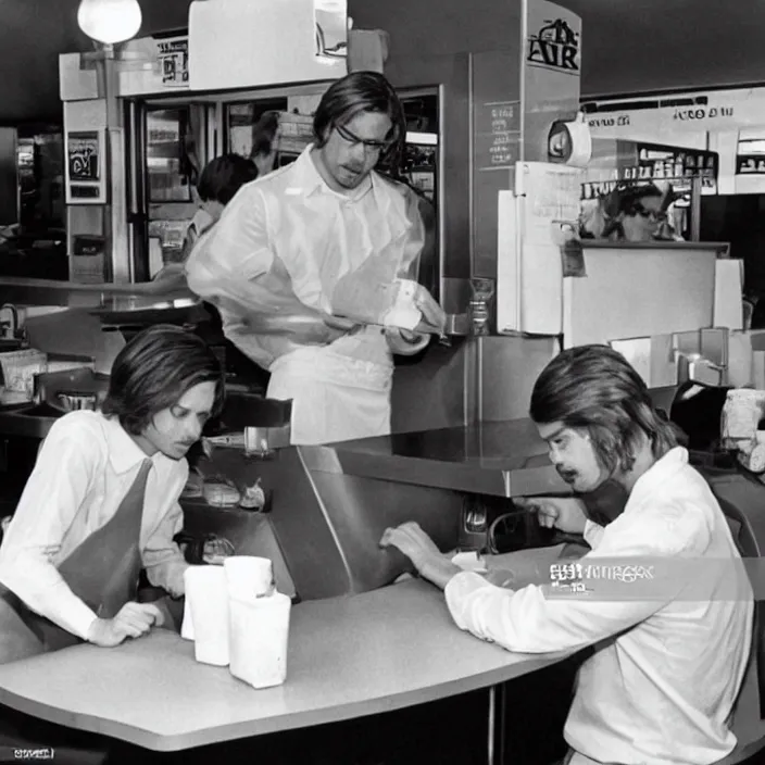 Prompt: brad pitt working at mcdonald's in 1 9 7 0, 8 k,