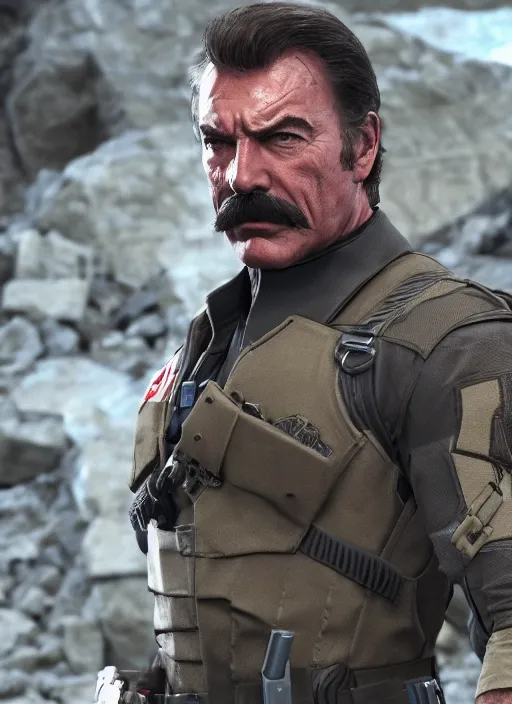 Prompt: film still of tom selleck as snake in metal gear solid the phantom pain, gameplay, 8 k, hd