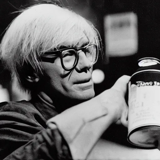 Prompt: Andy Warhol climbing out of a soup can