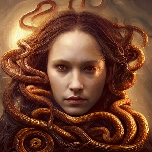 Prompt: Mythical petrifying Medusa with real swirling snakes for hair portrait, atmospheric lighting, painted, intricate, volumetric lighting, beautiful, rich deep colors masterpiece, golden hour, sharp focus, ultra detailed, by Leesha Hannigan, Ross Tran, Thierry Doizon, Kai Carpenter,Ignacio Fernández Ríos