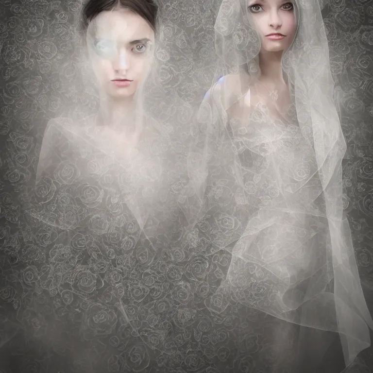 Prompt: hight focus of a wonderful realistic focused sweet wonderful symmetrical centered mid portrait of a lonely woman with a detailed wonderful, majestic, large semi transparent white cotton dress ornate with semi transparent black cotton roses and semi transparent white veils, dramatic light, octane render, - 8 k