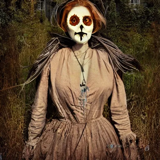 Image similar to female scarecrow hyper realistic, elegant, ornate, elite, horror, creepy, ominous, haunting, cinematic lighting, metal plate photograph, unreal engine, symmetrical, cinematic centered camera, high detail by Isaac Levitan, Frederic Church and Vasily Perov