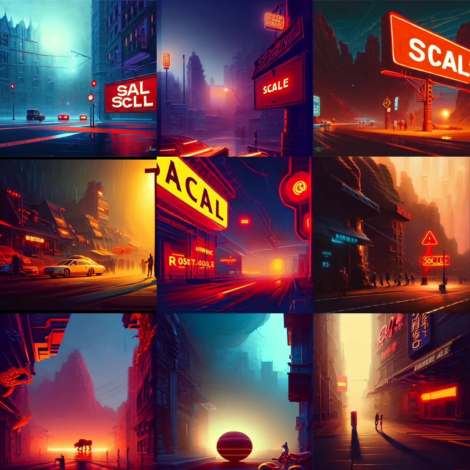 Prompt: a painting of a [ sign saying'scale'] [ scale ad sign ], intricate, epic lighting, cinematic composition, hyper realistic, 8 k resolution, unreal engine 5, by artgerm, tooth wu, dan mumford, beeple, wlop, rossdraws, james jean, andrei riabovitchev, marc simonetti, artstation