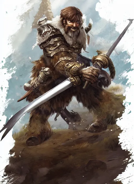 Image similar to strong young man, photorealistic bugbear ranger holding aflaming sword, black beard, dungeons and dragons, pathfinder, roleplaying game art, hunters gear, jeweled ornate leather and steel armour, concept art, character design on white background, by studio ghibli, makoto shinkai, kim jung giu, poster art, game art