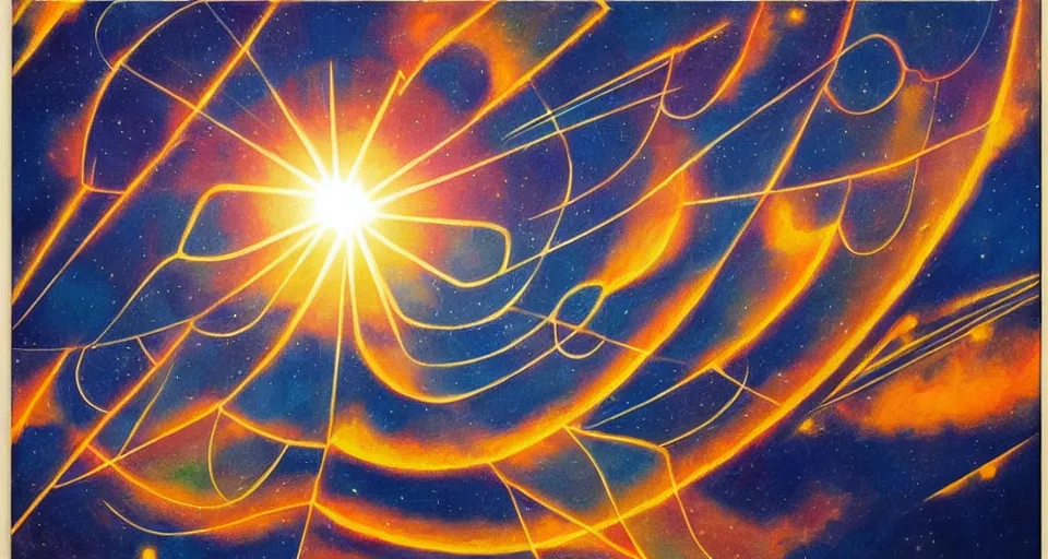 Image similar to hexagonal solar sail in space between the sun and earth, art deco painting