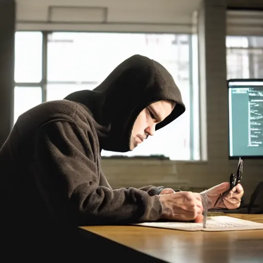 Image similar to dramatic still from Mr. Robot, A programmer expertly wrangling code late at night, intensely focused, coffee on his desk, highly detailed, sharp focus, cinematic lighting, hoodie