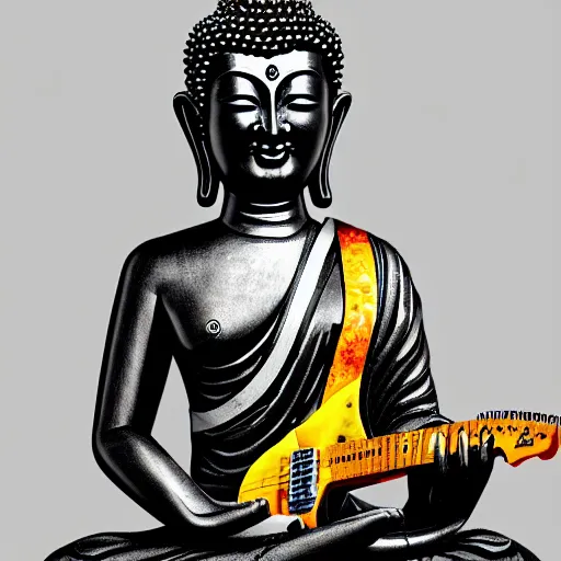 Image similar to Buddha playing electric guitar, digital art, artstation, award winning