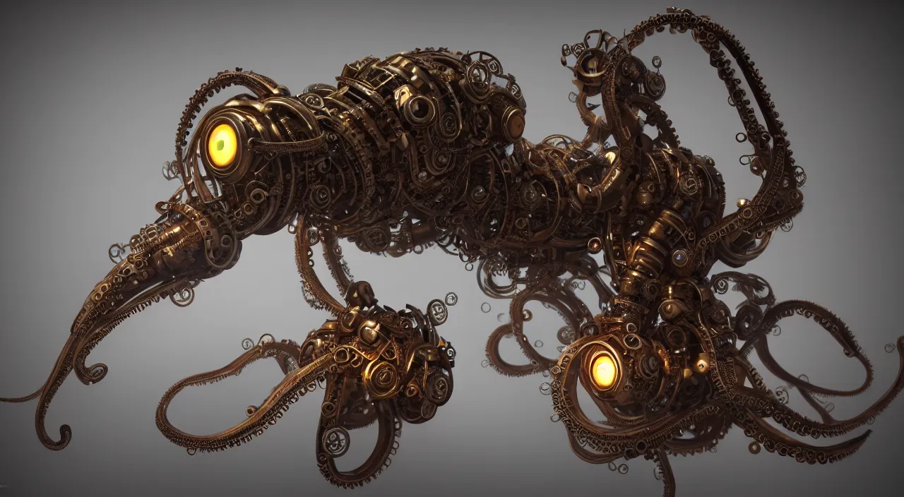 Image similar to steampunk mechanical octopus with glowing emissive eyes hyperrealistic emissive beautfiul artstation portfolio trending Ryan Church concept mist cyberpunk 2077 hardsurface modeling