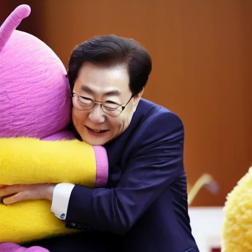 Prompt: korea's president yoon suk - yeol hugging a teletubby