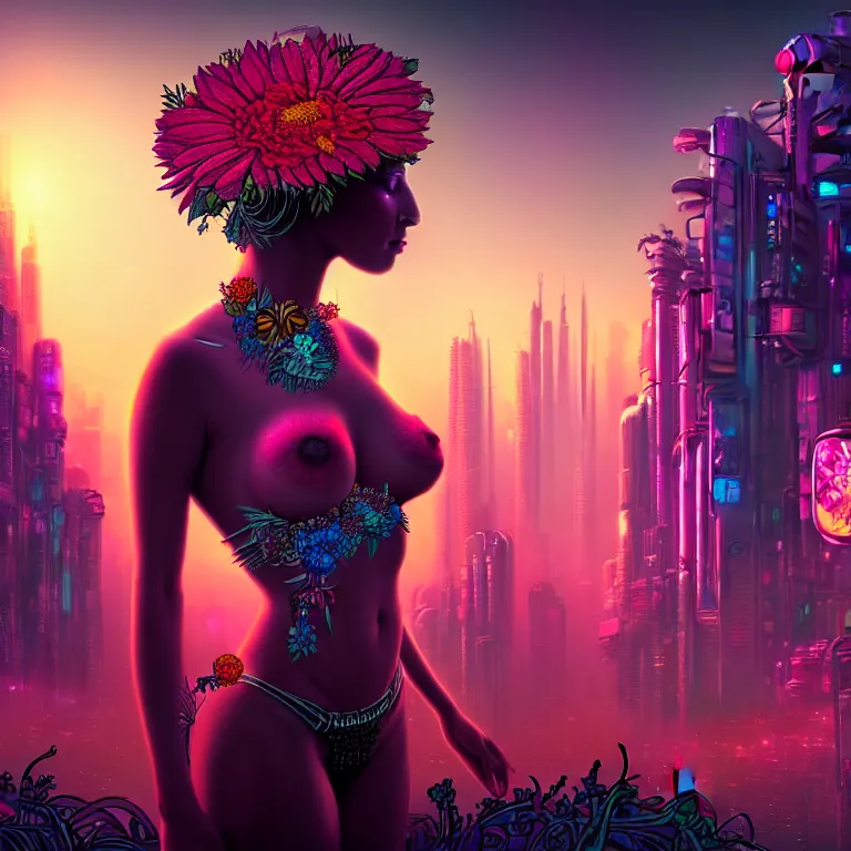 Image similar to Beautiful 3d render of the flower queen goddess in a sensual pose, in the style of Dan Mumford, with a crowded futuristic cyberpunk city in the background, astrophotgraphy