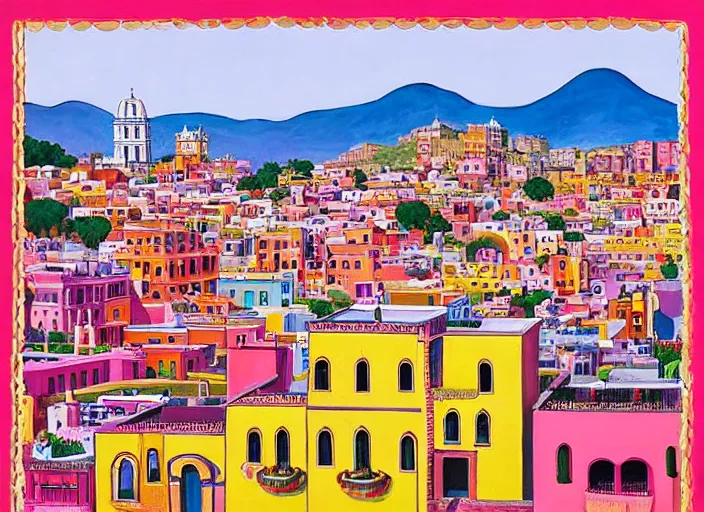 Image similar to guanajuato city, a beautiful painting representative of the art style of wes anderson and spike jonze