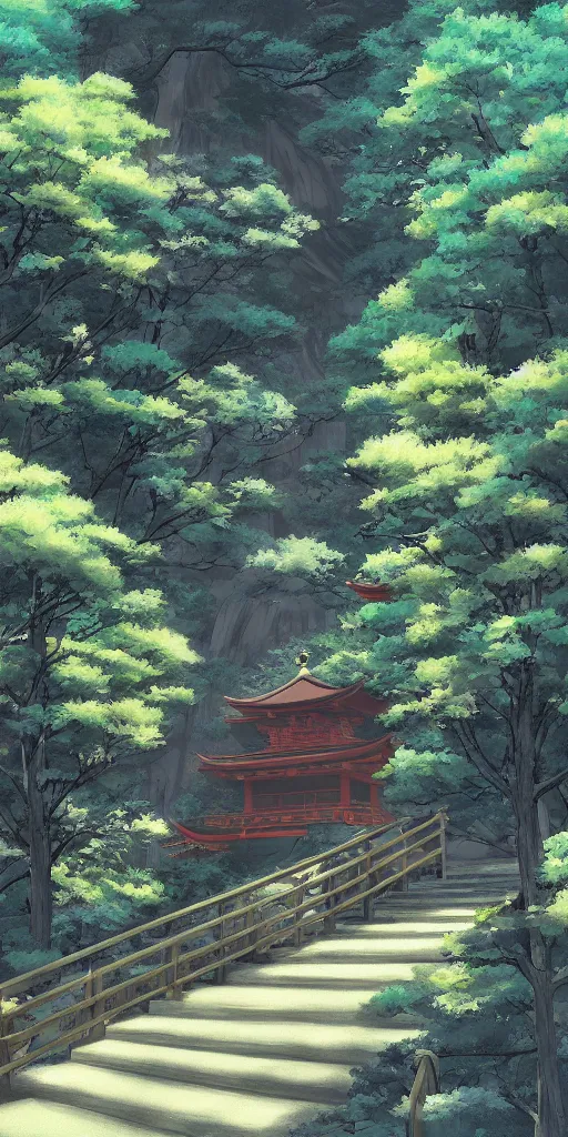 Prompt: a stairway to a traditional Japanese shrine, anime scenery by Makoto Shinkai, digital art