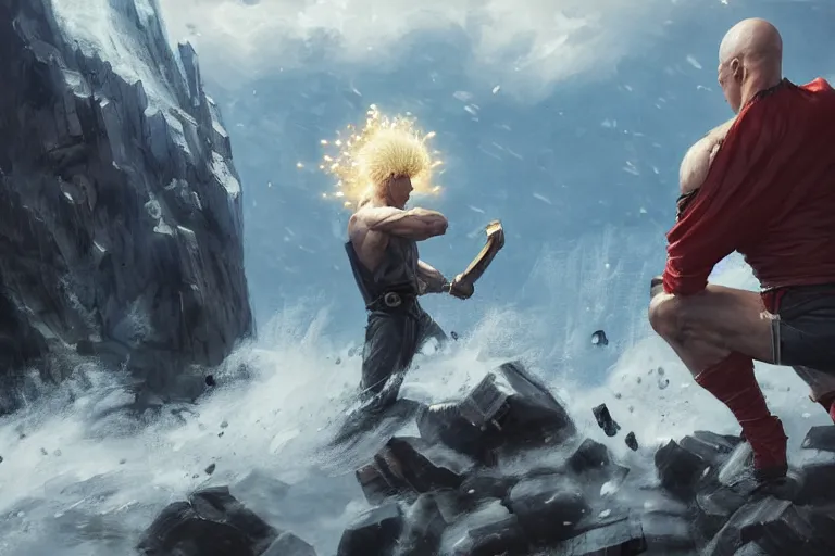 Image similar to saitama fighting the homelander, epic scene, Highly detailed painting, cinematic landscape, realistic, a fantasy digital painting by Greg Rutkowski and James Gurney