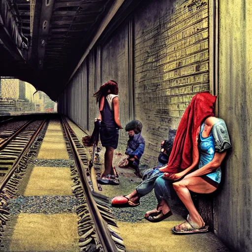 Image similar to poor people life under railway bridge, digital art, digital painting, award winning, hyper realistic, realistic human, hyper details, style by steve mccury and annie leibovitz and chindy sherman