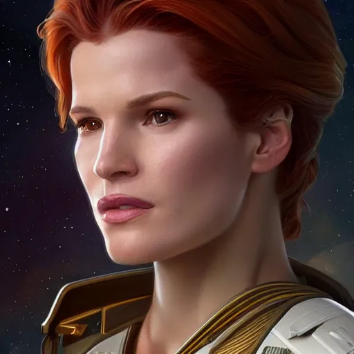 Image similar to ultra realistic illustration, bella thorne as captain janeway, intricate, elegant, highly detailed, digital painting, artstation, concept art, smooth, sharp focus, illustration, art by artgerm and greg rutkowski and alphonse mucha