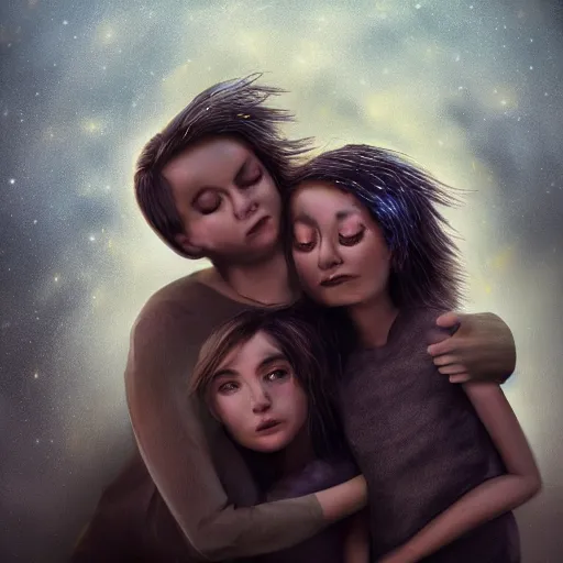 Image similar to A family hugging each other for the last time as the world is ending, meteors are falling from the sky, everything is on fire, dramatic lighting, digital art, very very very very very very beautiful, 8K, dark lighting, trending on Artstation, award winning