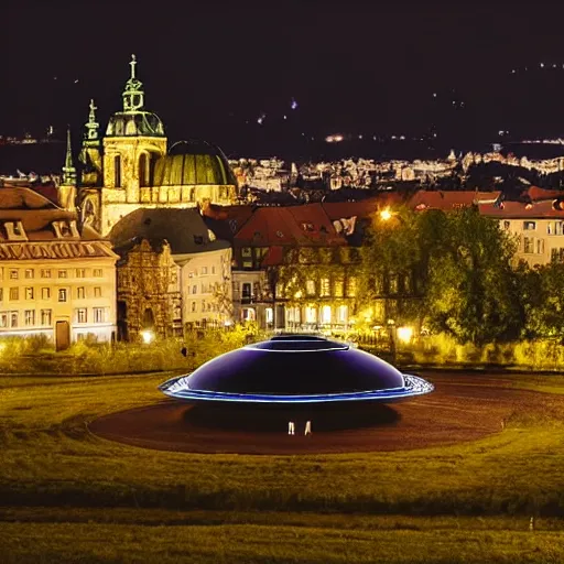 Image similar to ufo alien spaceship landing at the ( ( ( ( prague castle ) ) ) ) during the night, large flying saucer, dslr photography, aliens, volumetrics