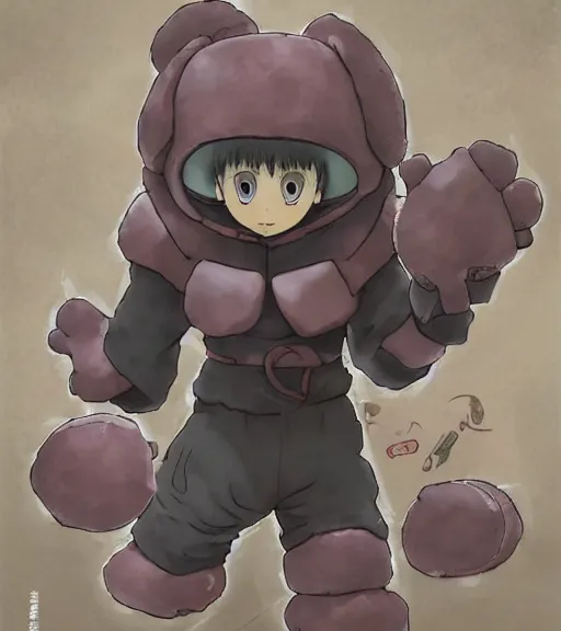 Image similar to attractive little boy wearing an cyborg bear suit, artwork in kentaro miura and made in abyss and sakimichan, inspired in super bomberman, smooth, beautiful lightness, anatomically correct, trending on pixiv, moon