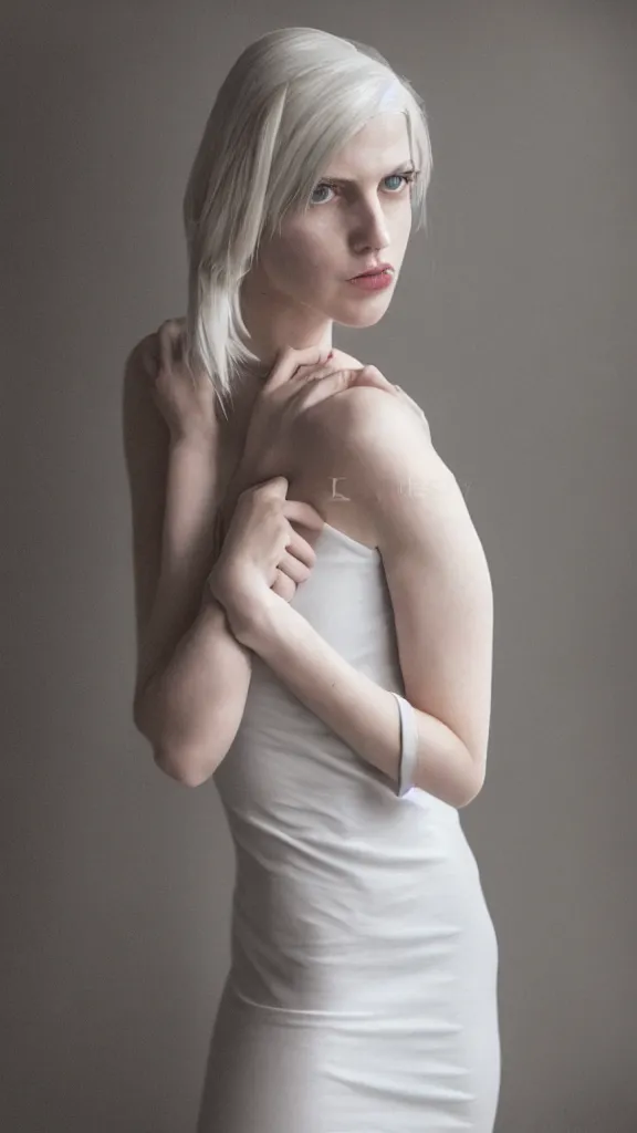 Image similar to emily skinner cosplaying annie leonhart in open toe heels in a white dress in a white room, beautiful face, pale skin, rule of thirds, cinematic lighting, rainy weather, melancholy atmosphere, sharp focus, backlit, stunning, model agency, smooth, hard focus, full body shot, instagram photo, shot on sony a 7 iii, hyper realistic,