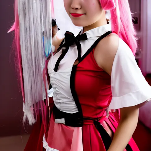 Prompt: a high definition photo of a young cosplayer with twin tails, wearing maid dress