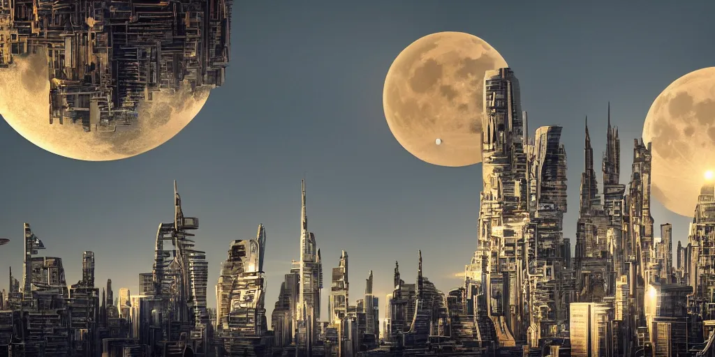 Prompt: human futuristic city, highly detailed,, beautiful architecture contemporary style, si - fi, golden hour light, two moon on the sky, 8 k, sharp focus, cinematic