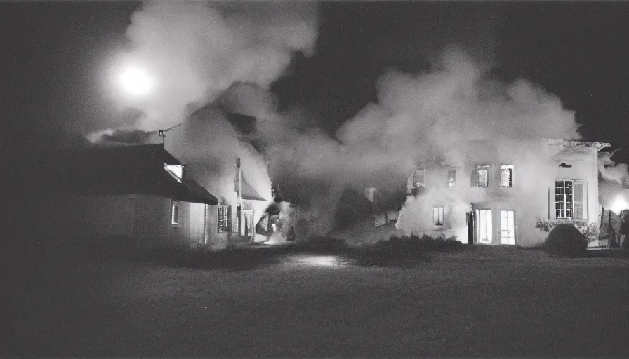 Prompt: 1 9 7 0 s movie still of a burning french style house in a small french village by night, cinestill 8 0 0 t 3 5 mm, heavy grain, high quality, high detail, dramatic light, anamorphic, flares