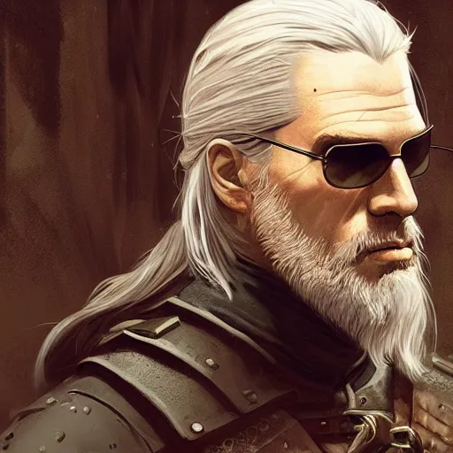 Prompt: geralt of rivia after a hunt, with black sunglasses, long beard, award winning, paint detailed digital artstation, close up, portrait hd 4 k, by monet and greg rutkowski and gaston bussiere and craig mullins and j. c. leyendecker, hd 1 1. 0