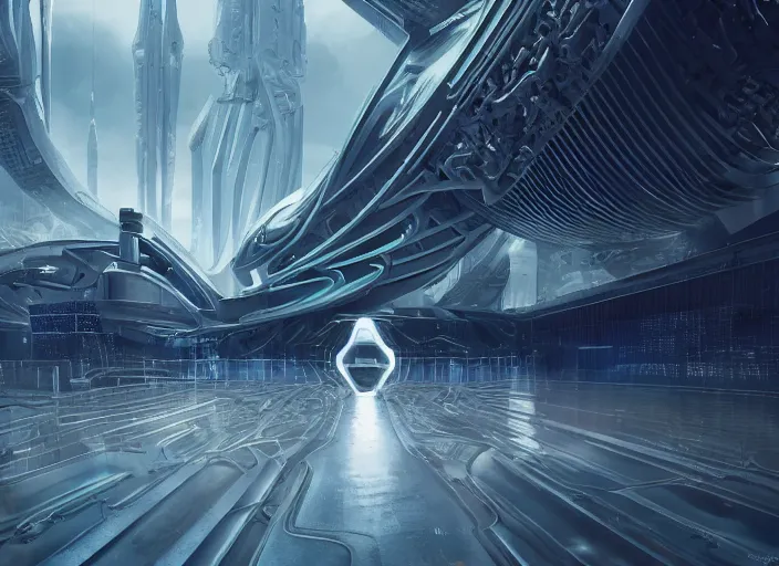 Prompt: cult of technology, exterior, scifi, temple, machines, robots, ultra realistic, transparent labs, metallic surface, highly detailed, white, futuristic landscape, city, utopian architecture, atmosphere, masterpiece, portals, epic lighting, glow, mysterious, 4 k, cinematic, art by patryk olkiewicz and chris ostrowski and liang yao