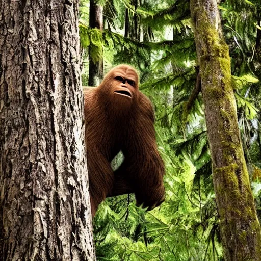 Prompt: Sasquatch peeking out from hiding behind trees in the forest