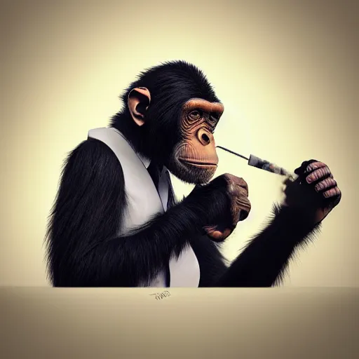 Image similar to a high detail shot of a chimp wearing a suit, smoking, render, cgsociety, photorealism