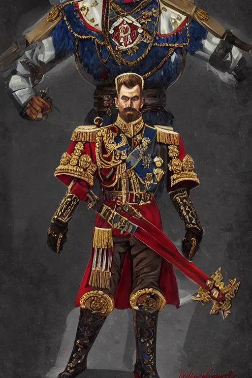 Prompt: Nicholas II of Russia, great emperor of Russian Empire, warhammer 40k , concept art, ornate, digital art, illustration, artstation, full body, muscular, brutal, virile, masculine, military, warhammer chaos, fashwave, overbuffed