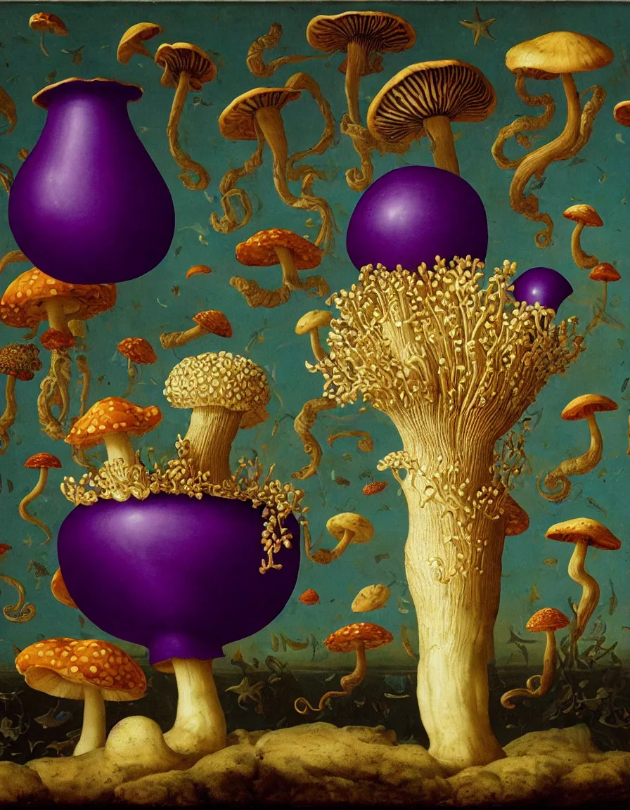 Prompt: vase of mushroom in the sky and under the sea decorated with a dense field of stylized scrolls that have opaque purple outlines, with green jellyfishes, ambrosius benson, oil on canvas, hyperrealism, light color, no hard shadow, around the edges there are no objects