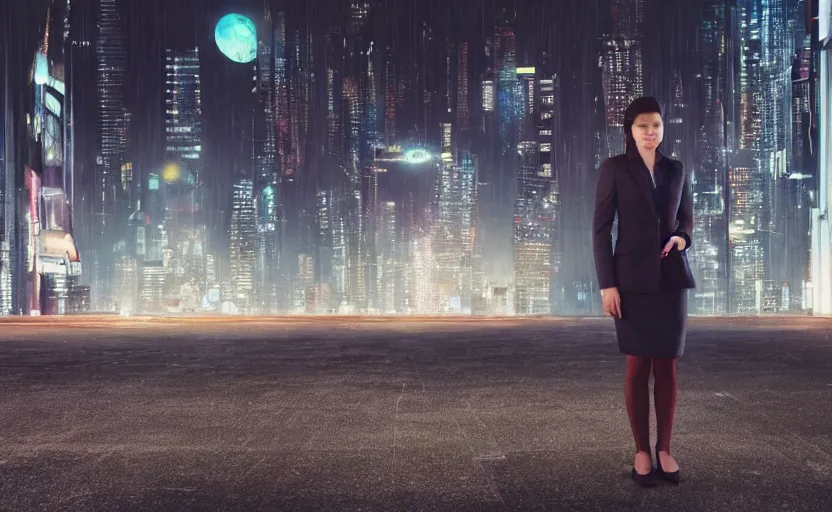 Image similar to a wide shot of a woman with a wool suit, wearing an omega speedmaster on her wrist in a dystopian city at night with cyberpunk lights