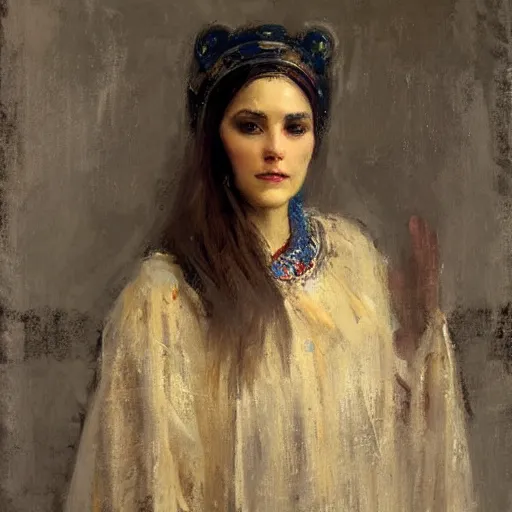 Prompt: Richard Schmid and Jeremy Lipking portrait painting of a young beautiful woman priestess in elaborate costume