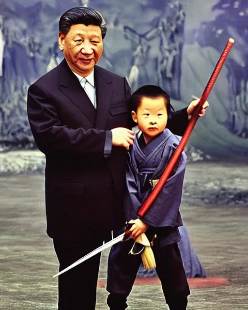 Prompt: Xi Jinping as Ronin Ogami Ittō in Lone Wolf and Cub and a Toddler sized Vladimir Puttin as Daigorō, Xi Jinping is Holding a Samurai Sword, photorealistic, Cinematic, Japanese