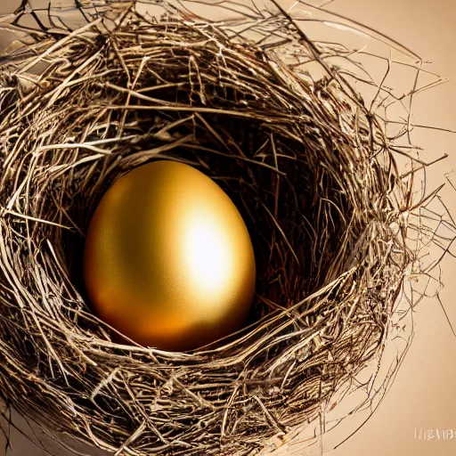 Image similar to a golden egg standing in a nest, studio shot, cinematic lighting, award winning, photography, 8 k