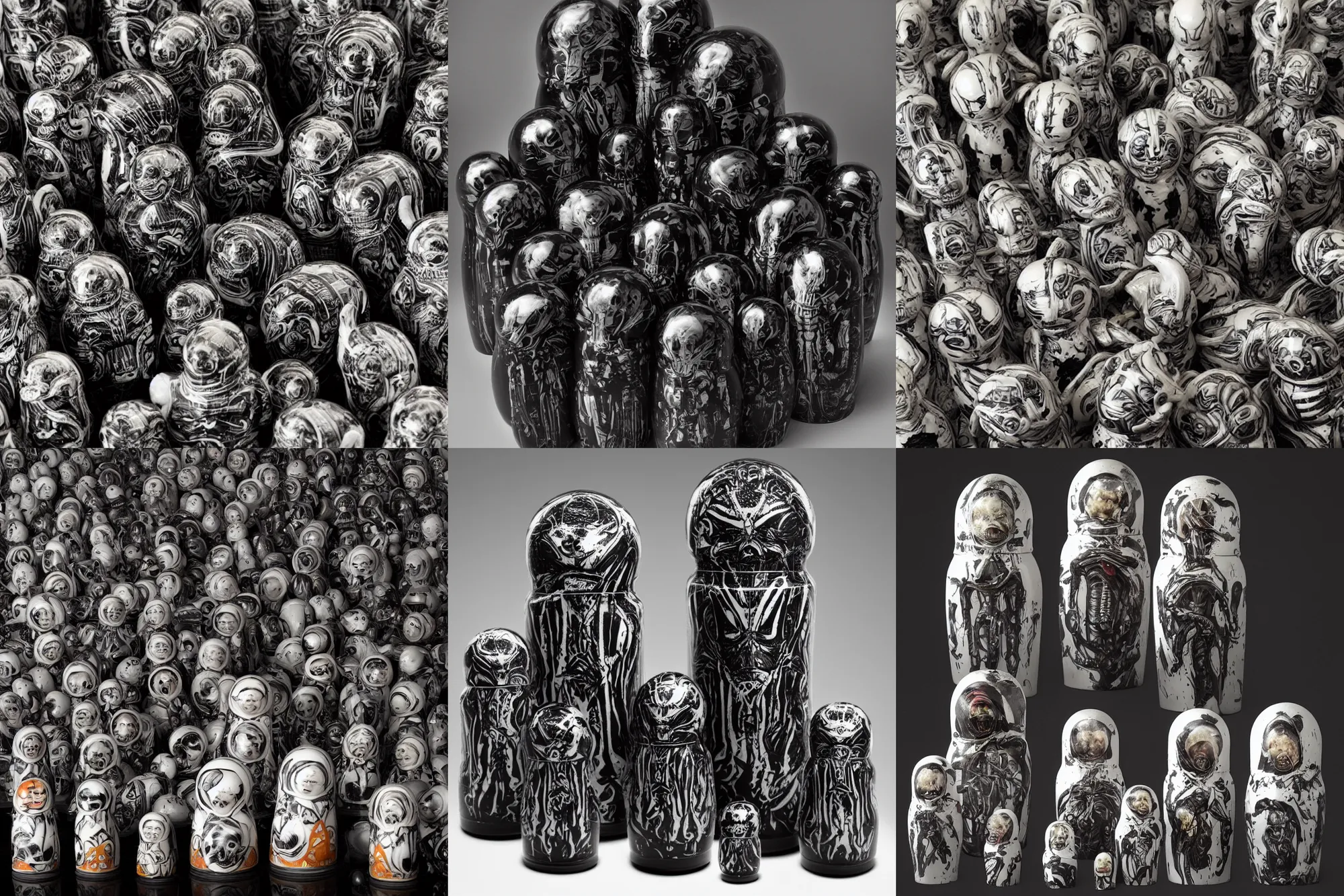 Prompt: aligned xenomorph nesting dolls, made of dark shinny marble. by h. r. giger and david lachapelle.