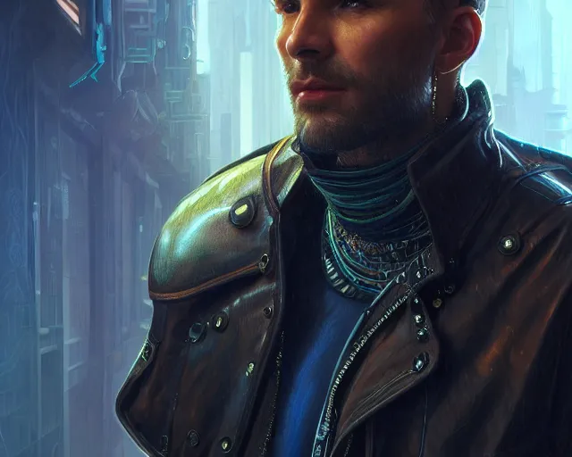 Image similar to highly detailed photorealistic man with a cyberpunk leather jacket, deep focus, d & d, fantasy, intricate, elegant, highly detailed, digital painting, artstation, concept art, matte, sharp focus, illustration, hearthstone, art by artgerm and greg rutkowski and alphonse mucha