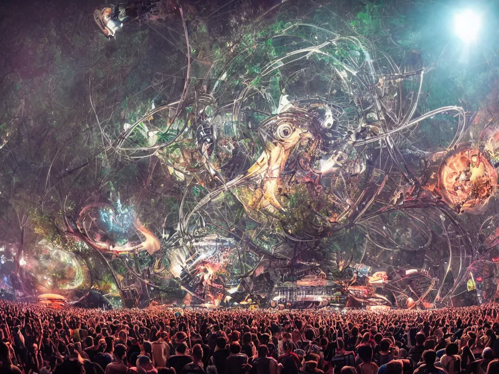 Prompt: an incredible masterpiece of a cyborg dj is playing a vast array of highly evolved and complex musical technology on a stage surrounded by an incredible and complex circular robotic structure playing highly evolved music overlooking a crowd at a forest festival lit by fire, by craig mullins