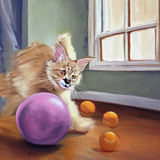 Prompt: cream color maine coon cat chasing a cat-toy-ball in a sunlit bedroom, hardwood floors with a colorful tattered old throw rug, bay window sofa in the background, fun, energetic, amusing, cute, funny, in style of Steve Henderson and Robert Hagan, trending on art station