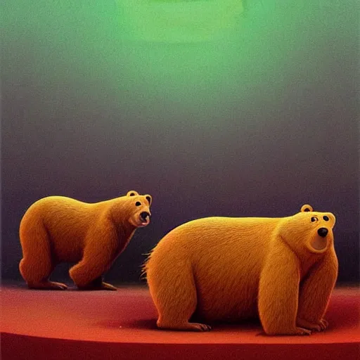 Image similar to yogi bear ( hanna barbera ) by zdzisław beksinski, neon tinged dystopian digital art