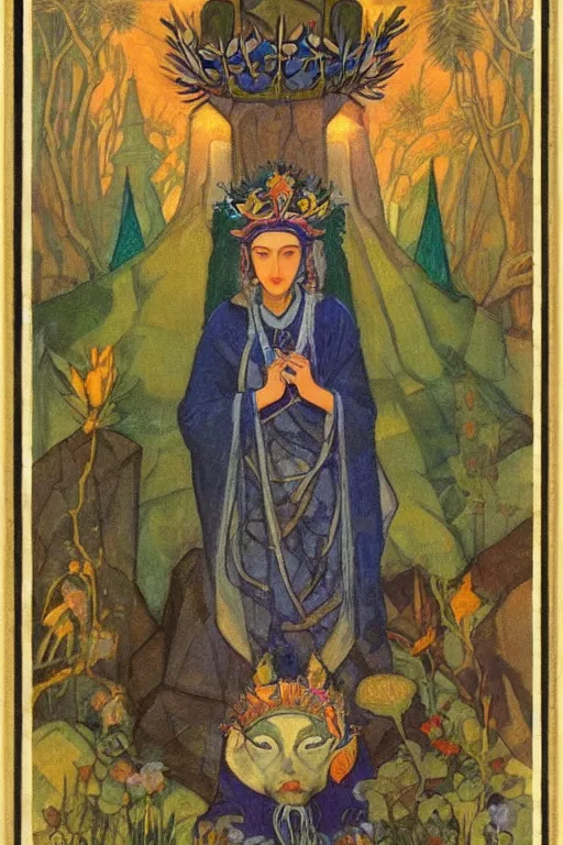 Image similar to queen of the forest with her crown and lantern, by Nicholas Roerich and Annie Swynnerton and Frederick Sandys, dramatic cinematic lighting , ornate headdress , flowing robes, sacred artifacts, lost civilizations, smooth, sharp focus, extremely detailed