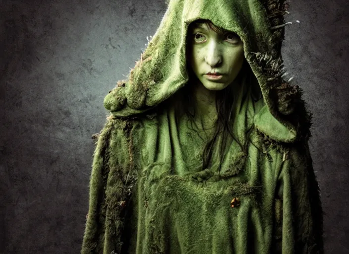 Prompt: character and environment design, portrait 2 0 - year - old dark fantasy female druid, tattered hood and robe, infested bear pet, medium shot, wide angle, green light, zeiss 3 5 mm photography
