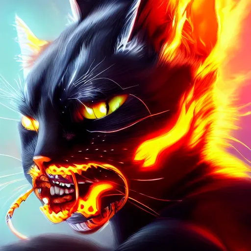 Image similar to a cat as ghost rider, cat body, by artgerm, hd, hdr, ue 5, ue 6, unreal engine 5, realistic anime 3 d style, cinematic 4 k wallpaper, 8 k, ultra detailed, gta 5 cover art, high resolution, artstation, award winning