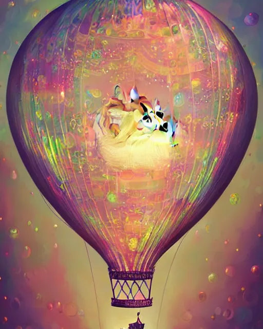 Prompt: cute kitten inside an ornate flying balloon of iridescent liquid, alchemy, shiny plastic, intricate, bloom, detailed, volumetric lighting, sharp focus, photorealism, digital painting, highly detailed, concept art, by by artgerm and wlop