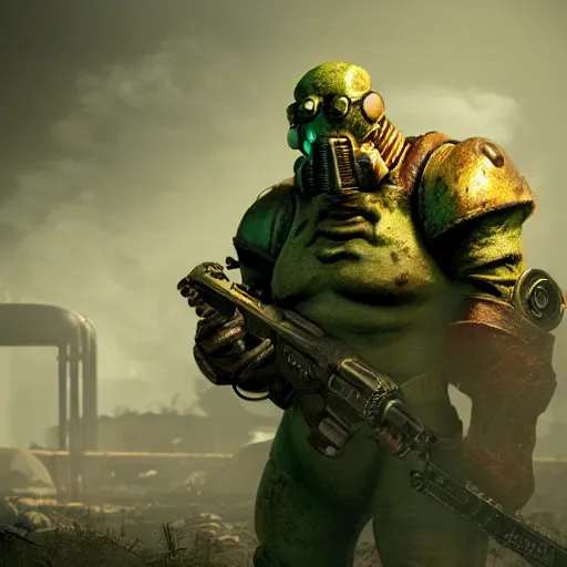 Image similar to fallout concept art green supermutant render grim realistic lighting unreal engine 5